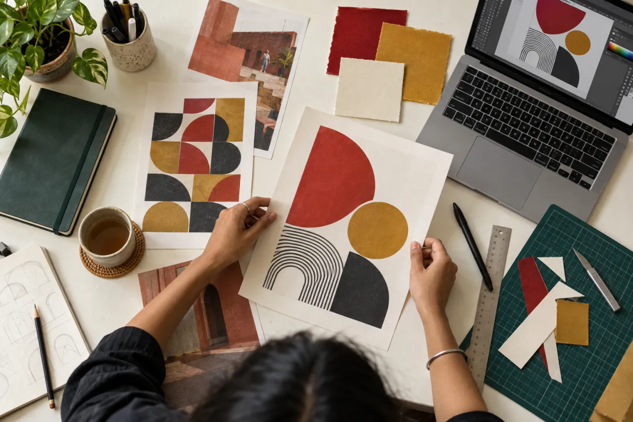 Illustrative overhead scene of an Indian design learner arranging poster studies and colour swatches